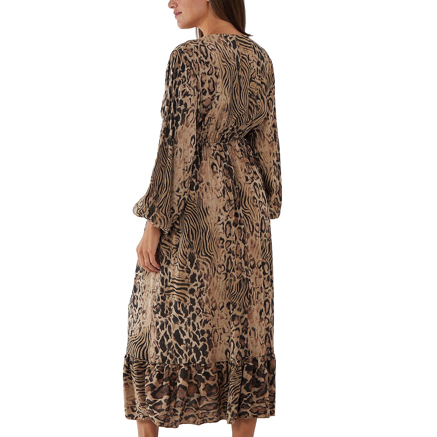 TAMSY Viscose Printed Midi Dress with Tassels - Camel