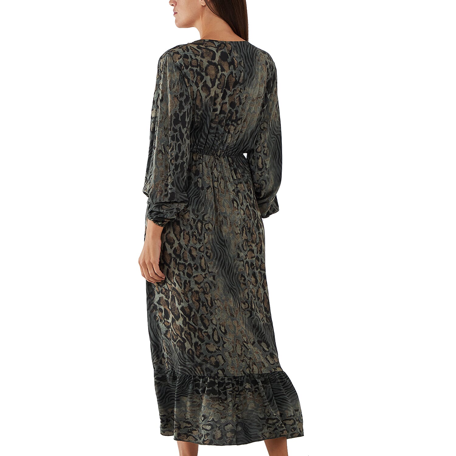 TAMSY 100% Viscose Printed Midi Dress with Tassels (One Size) - Green & Black