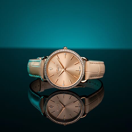 GAMAGES OF LONDON Ladies Symphony Swiss Quartz Movement Rose Dial Crystal Studded Water Resistant Watch with Rose Gold Colour Strap