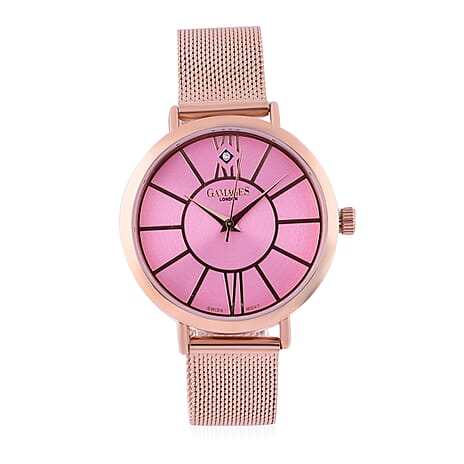 GAMAGES OF LONDON Ladies Heritage Swiss Quartz Movement Rose Dial Diamond Studded Water Resistant Watch with Mesh Bracelet in Rose Gold Tone