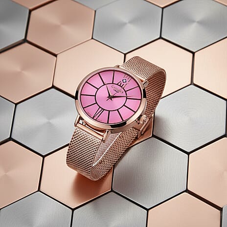 GAMAGES OF LONDON Ladies Heritage Swiss Quartz Movement Rose Dial Diamond Studded Water Resistant Watch with Mesh Bracelet in Rose Gold Tone
