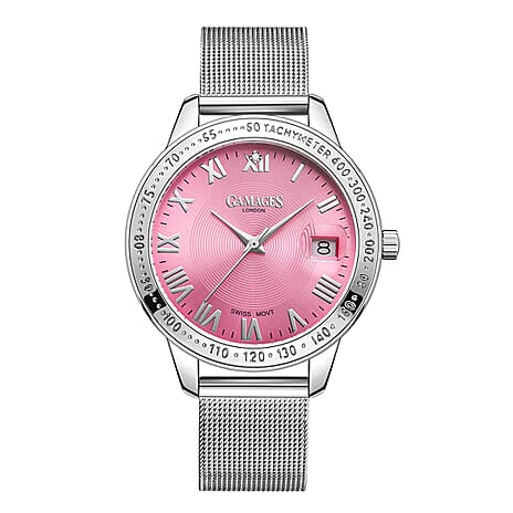 GAMAGES OF LONDON Swiss Quartz Movement Ladies Refined Timer Pink Dial Diamond Studded Water Resistant Watch with Mesh Bracelet in Silver Tone