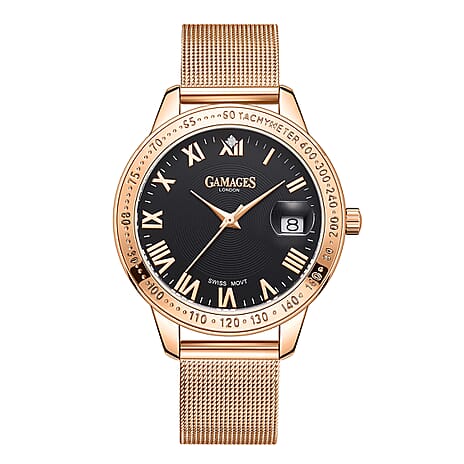 GAMAGES OF LONDON Swiss Quartz Movement Ladies Refined Timer Black Dial Diamond Studded Water Resistant Watch with Mesh Bracelet in Rose Gold Tone