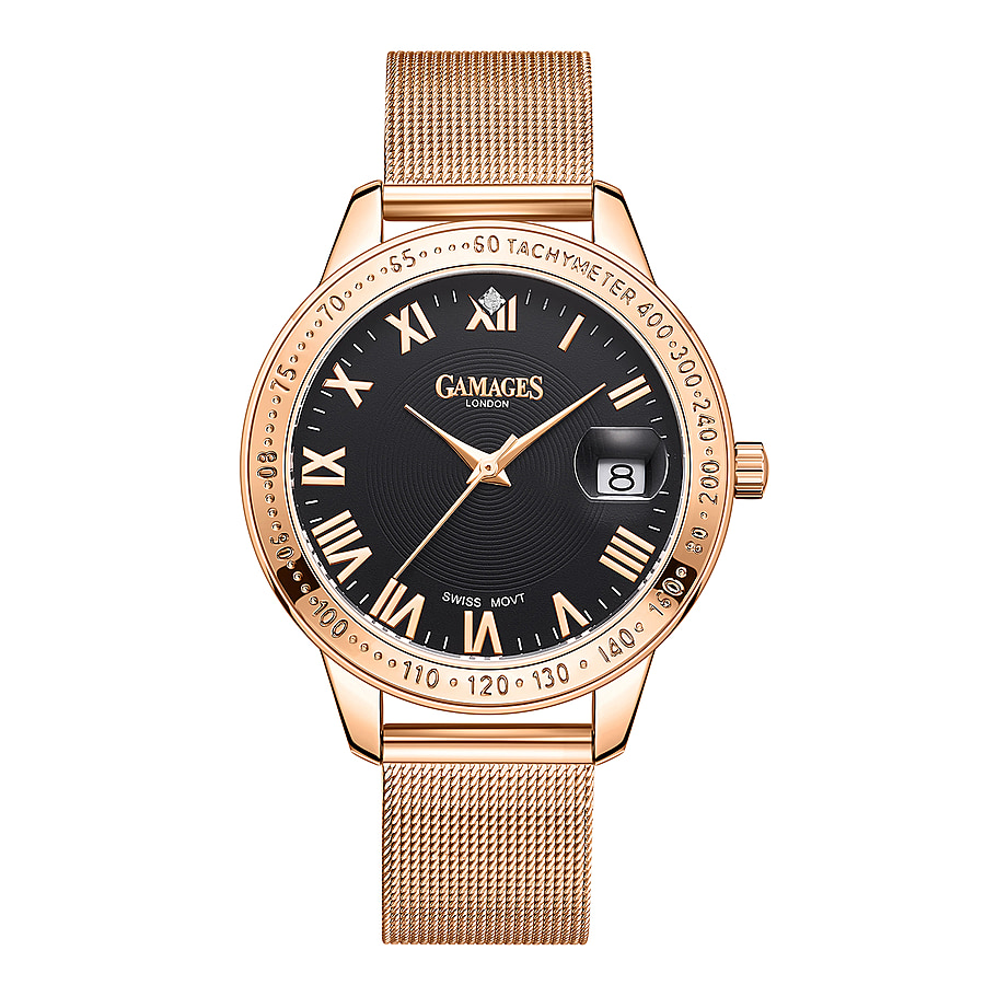 GAMAGES OF LONDON Swiss Quartz Movement Ladies Refined Timer Black Dial Diamond Studded Water Resistant Watch with Mesh Bracelet in Rose Gold Tone