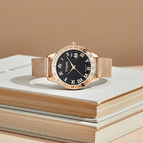 GAMAGES OF LONDON Swiss Quartz Movement Ladies Refined Timer Black Dial Diamond Studded Water Resistant Watch with Mesh Bracelet in Rose Gold Tone
