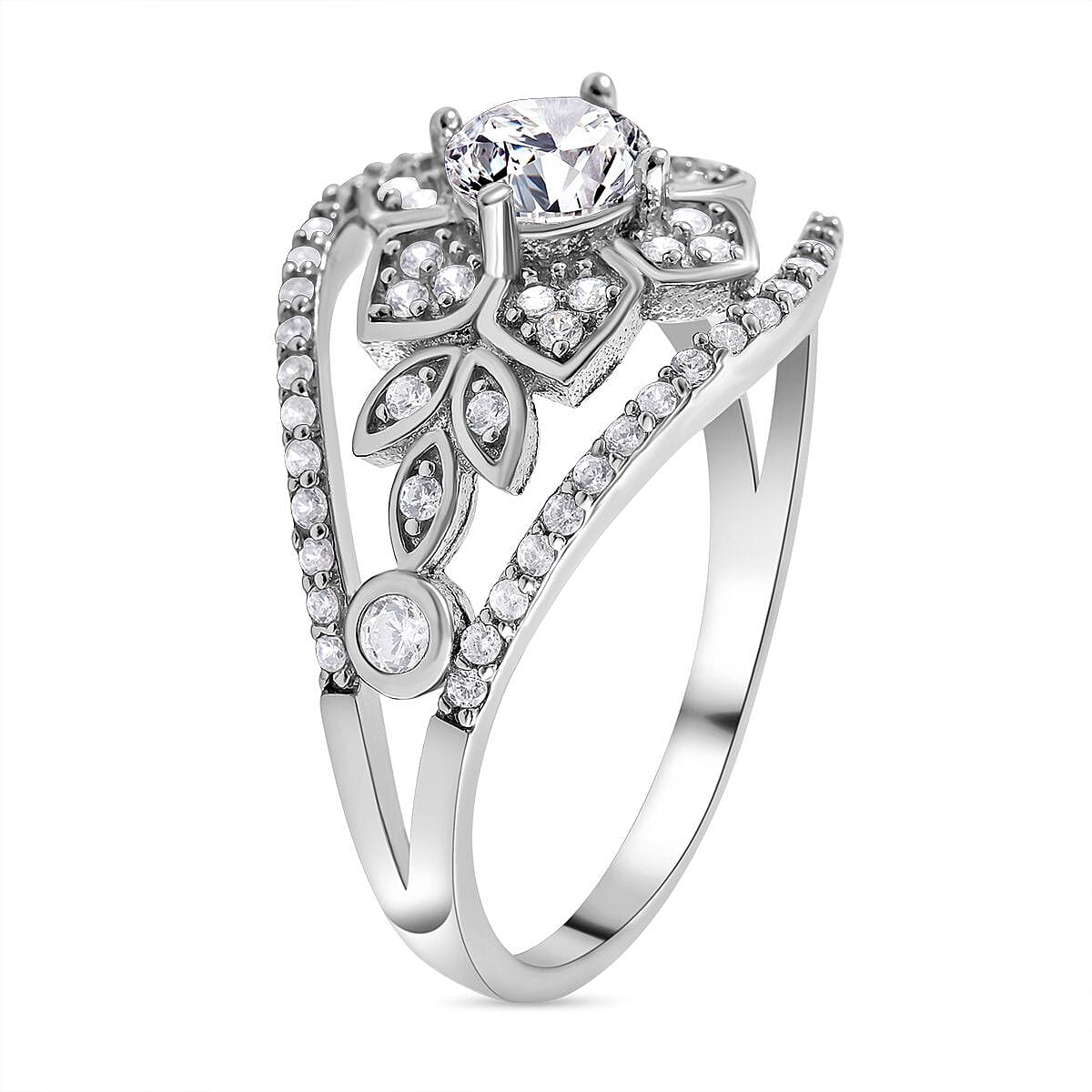 NY Close Out- Simulated Diamond Ring in Rhodium Overlay Sterling Silver