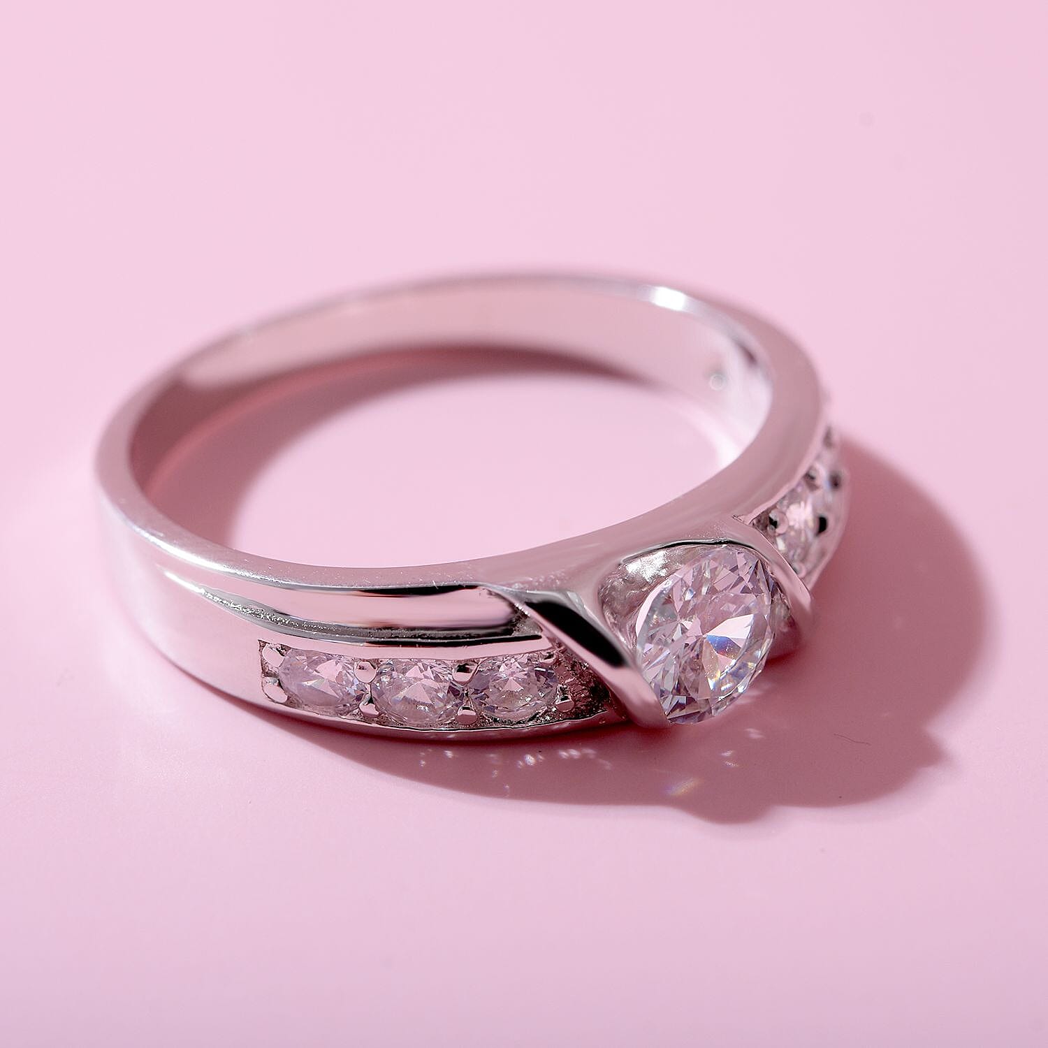 NY Close Out- Simulated Diamond Ring in Rhodium Overlay Sterling Silver