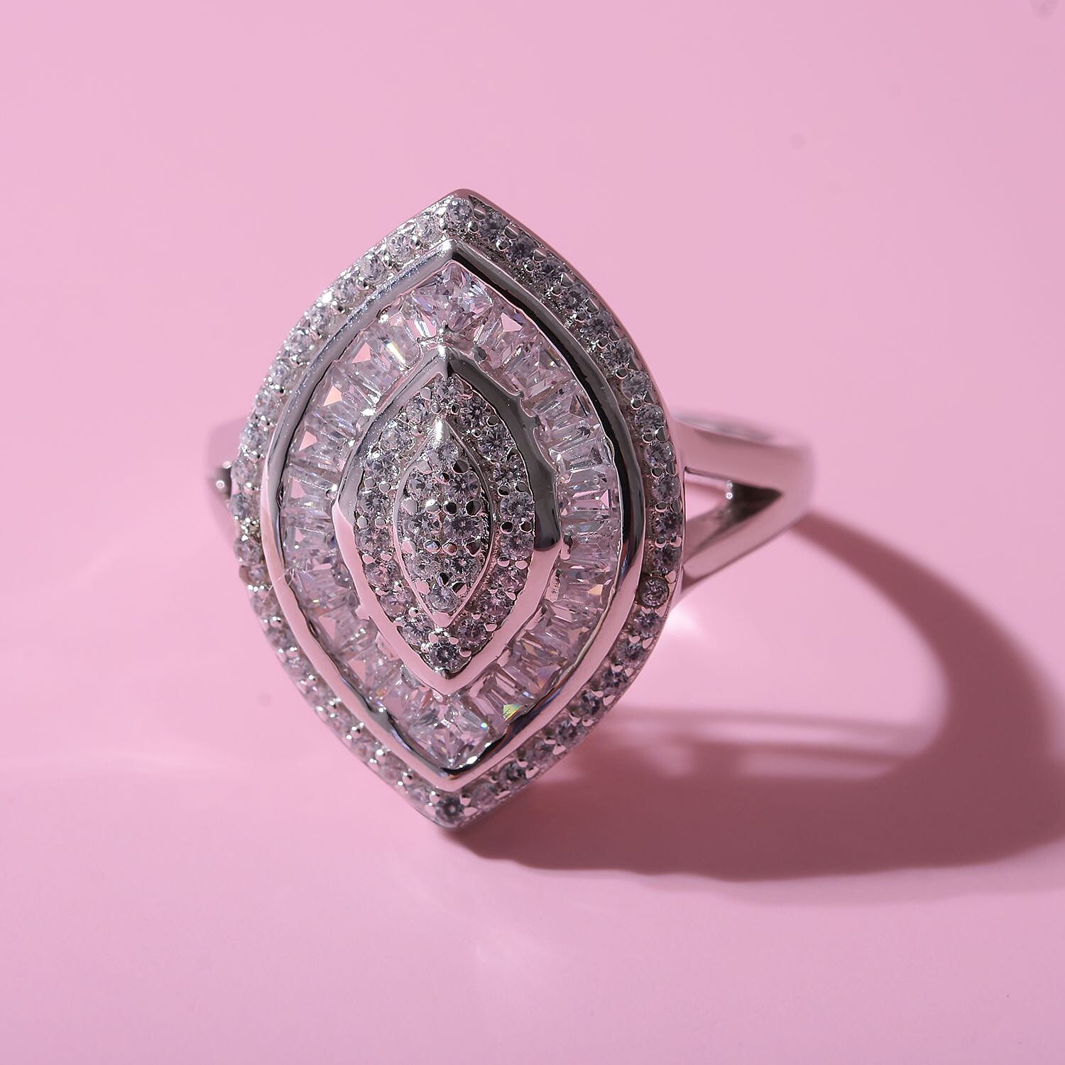 Bangkok Closeout Deal -Simulated Diamond Ring in Rhodium Overlay Sterling Silver