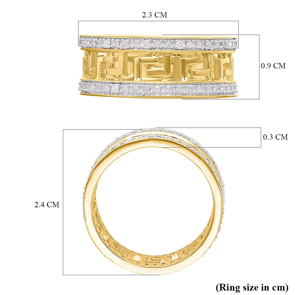 Diamond Greek Key Ring in Vermeil Yellow Gold Plated Sterling Silver 0.50 Ct.