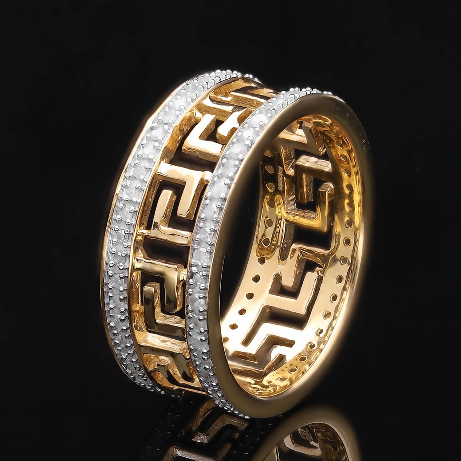 Diamond Greek Key Ring in Yellow Gold Vermeil Plated Sterling Silver 0.50 Ct