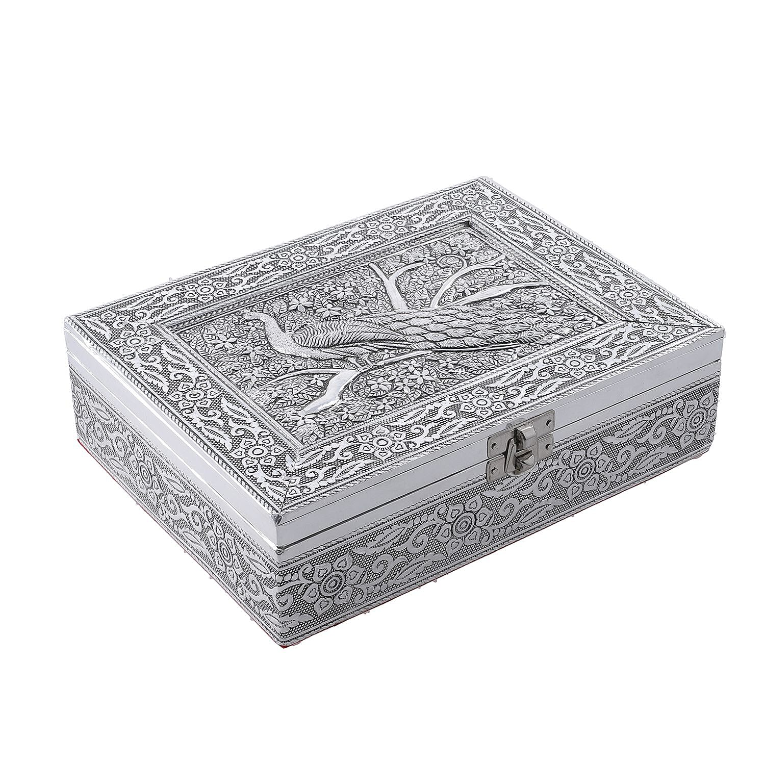 Peacock 3D Embossed Aluminium Oxidized Storage Box (Size 21x15x6 cm) - Silver