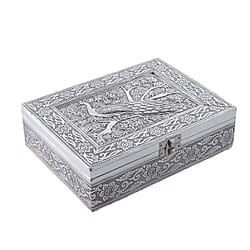 Peacock 3D Embossed Aluminium Oxidized Storage Box (Size 21x15x6 cm) - Silver
