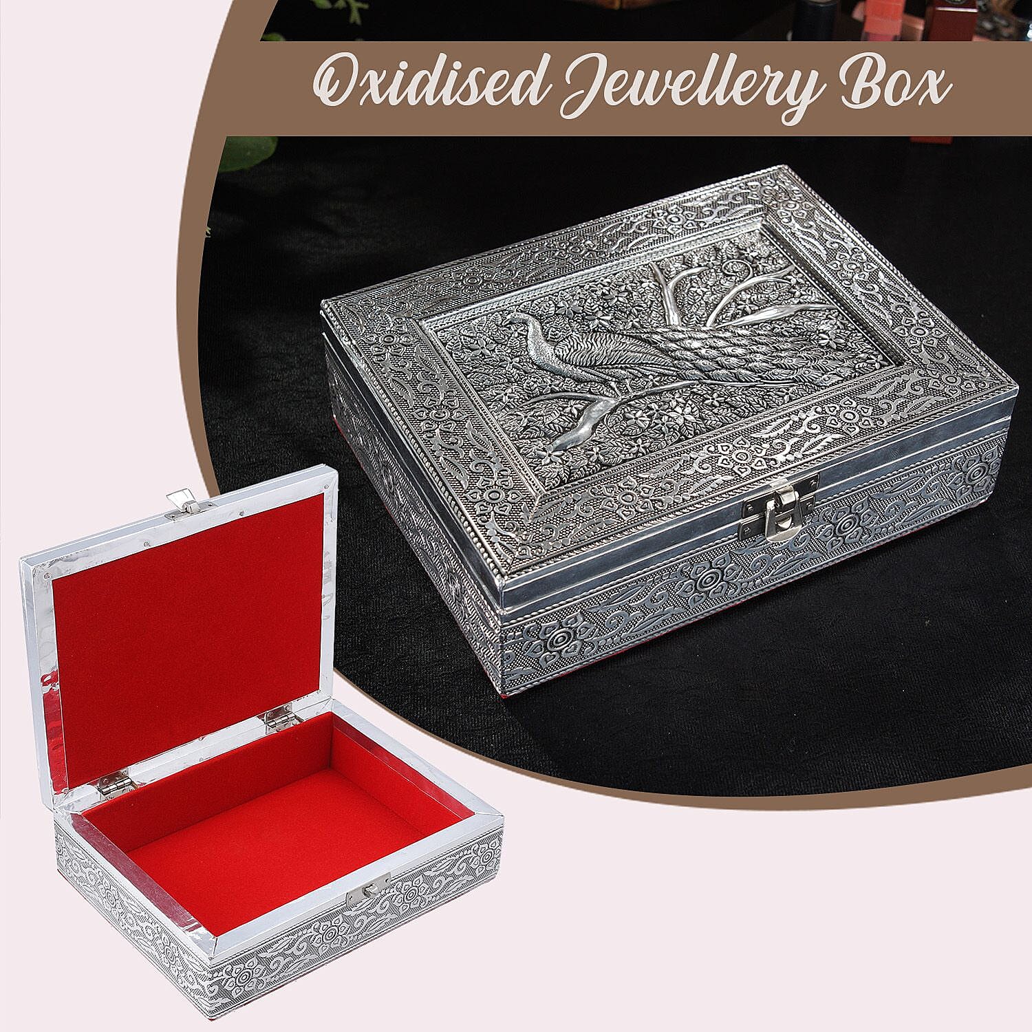 Peacock 3D Embossed Aluminium Oxidized Storage Box (Size 21x15x6 cm) - Silver
