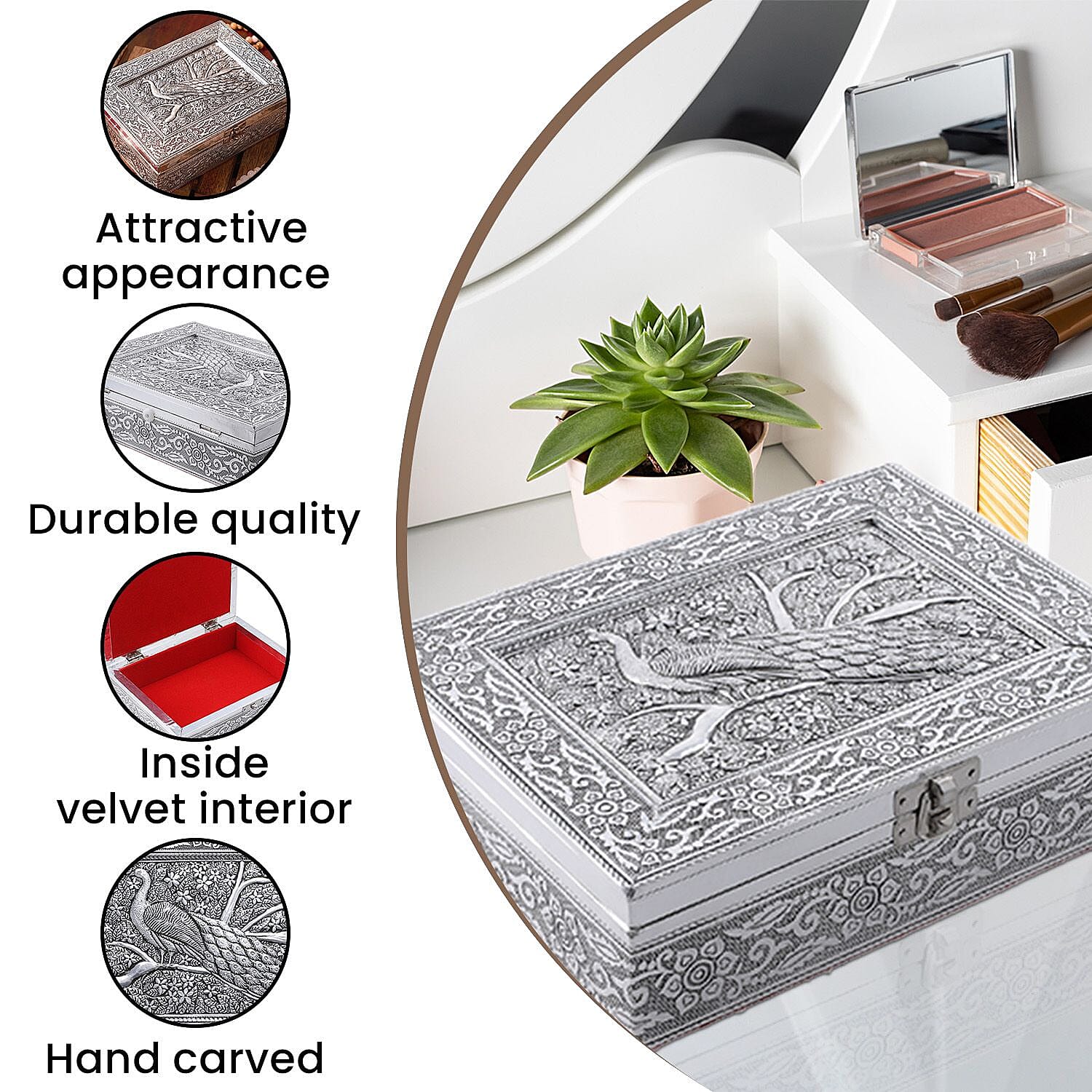 Peacock 3D Embossed Aluminium Oxidized Storage Box (Size 21x15x6 cm) - Silver