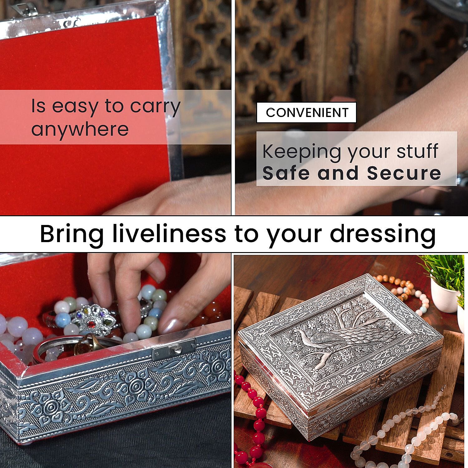 Peacock 3D Embossed Aluminium Oxidized Storage Box (Size 21x15x6 cm) - Silver