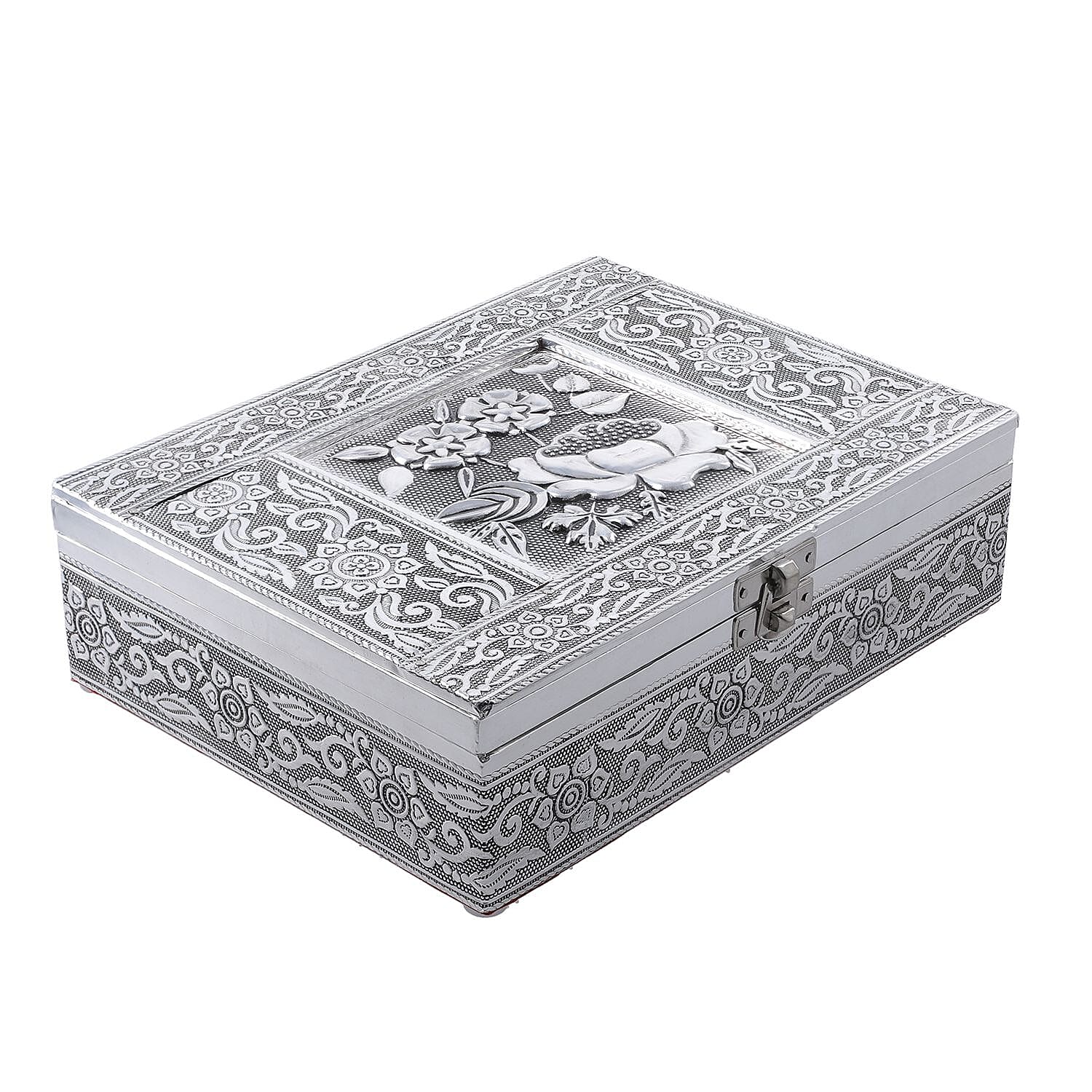 Handcrafted 3D Flower Embossed Storage Box (Size 21x16x6 cm) - Silver