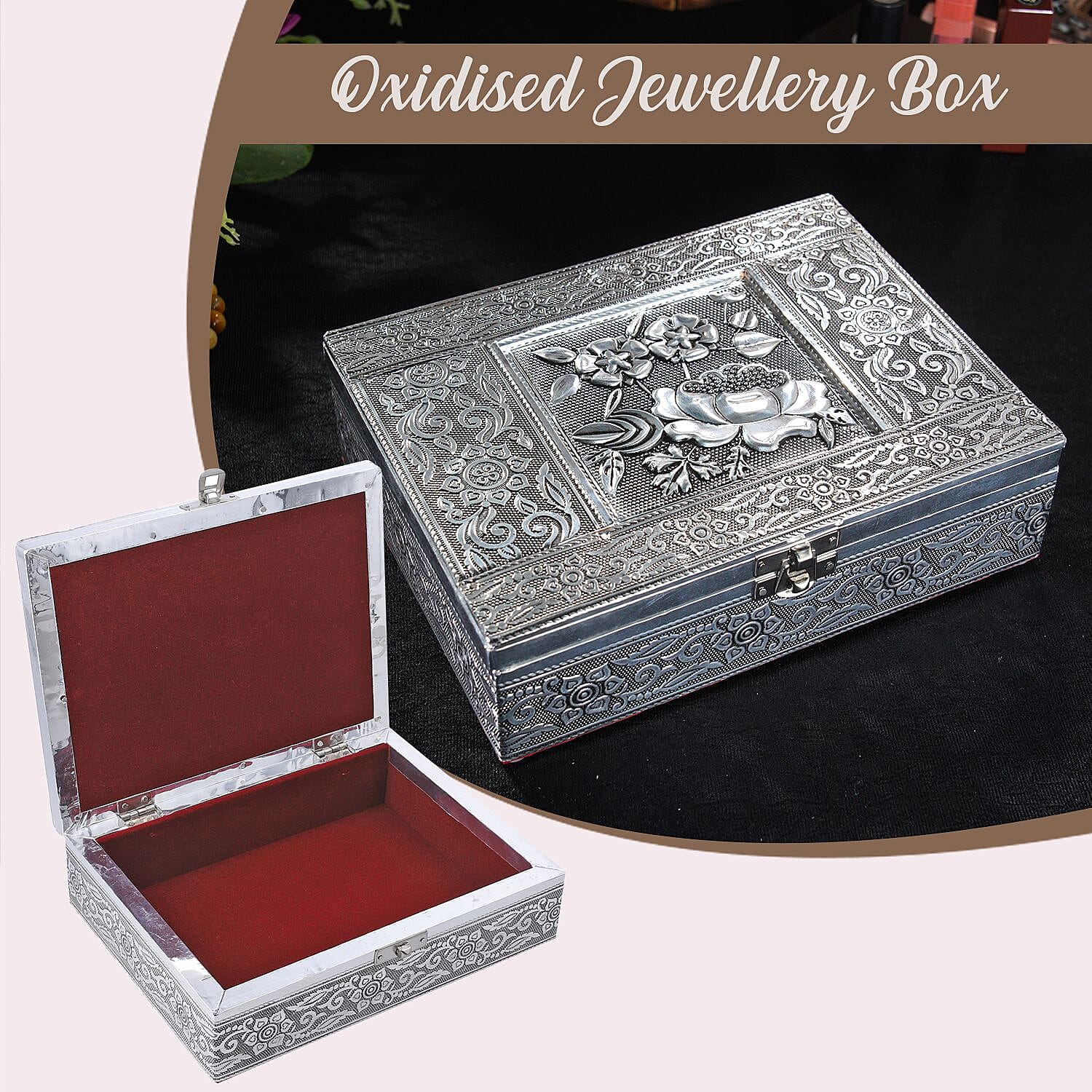Handcrafted 3D Flower Embossed Storage Box (Size 21x16x6 cm) - Silver