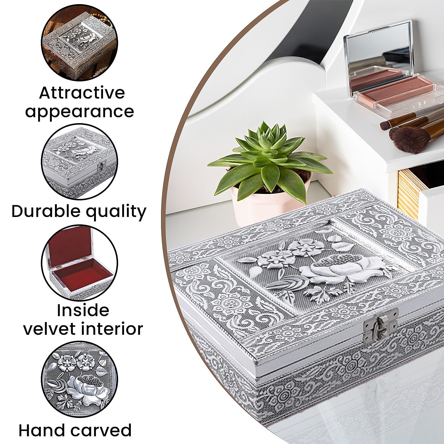 Handcrafted 3D Flower Embossed Storage Box (Size 21x16x6 cm) - Silver