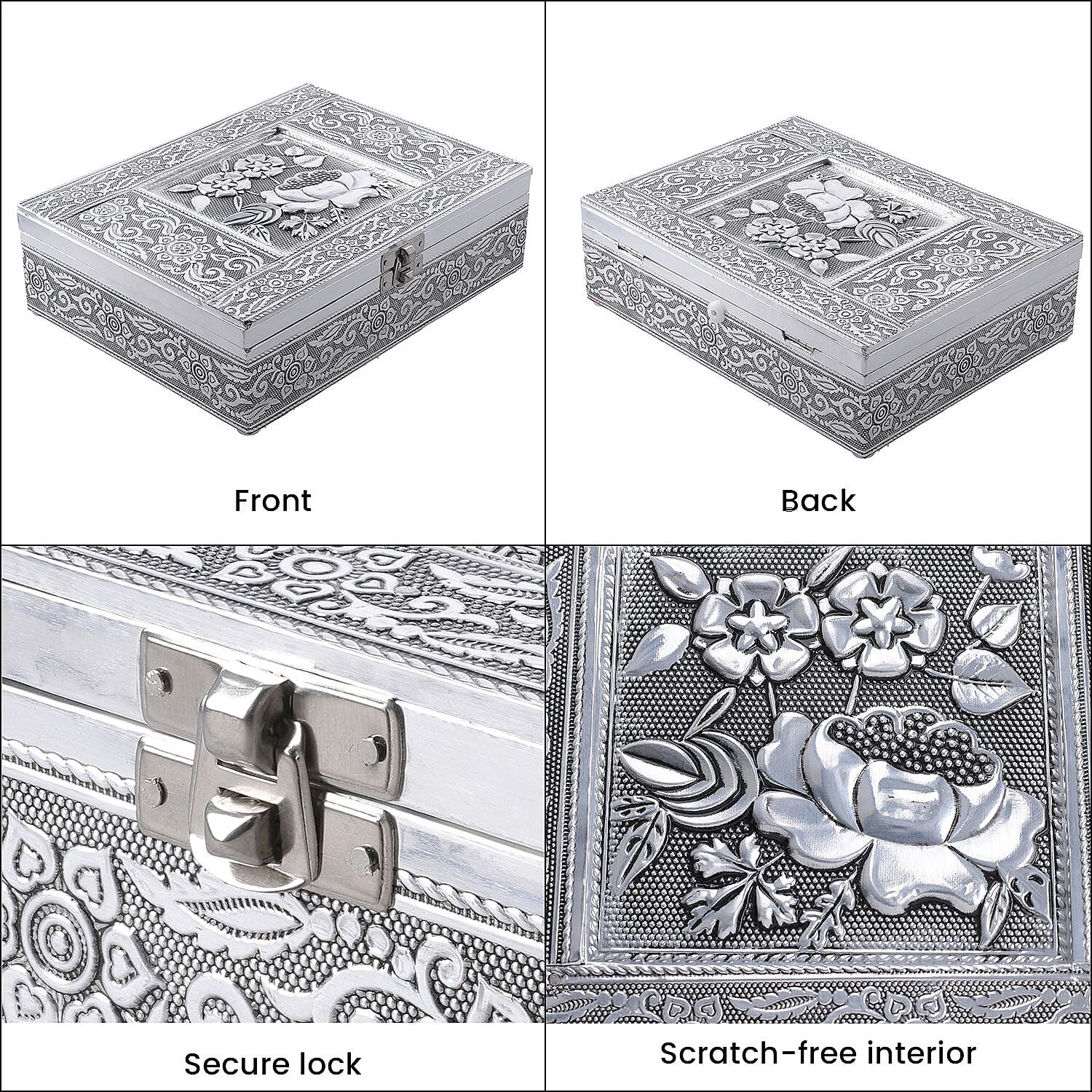 Handcrafted 3D Flower Embossed Storage Box (Size 21x16x6 cm) - Silver