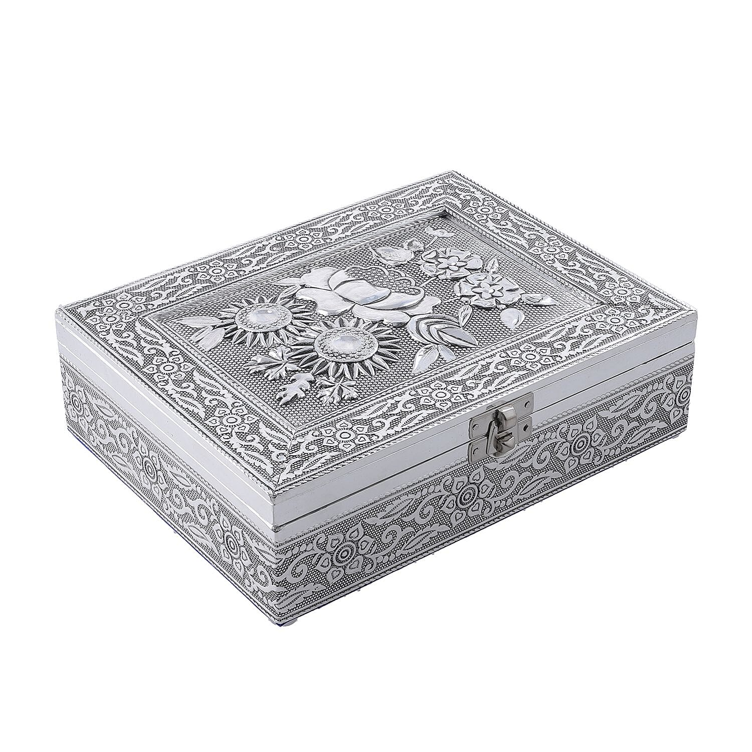 Handmade Flower Embossed Aluminium Storage Box (Size 21x16x6 cm)