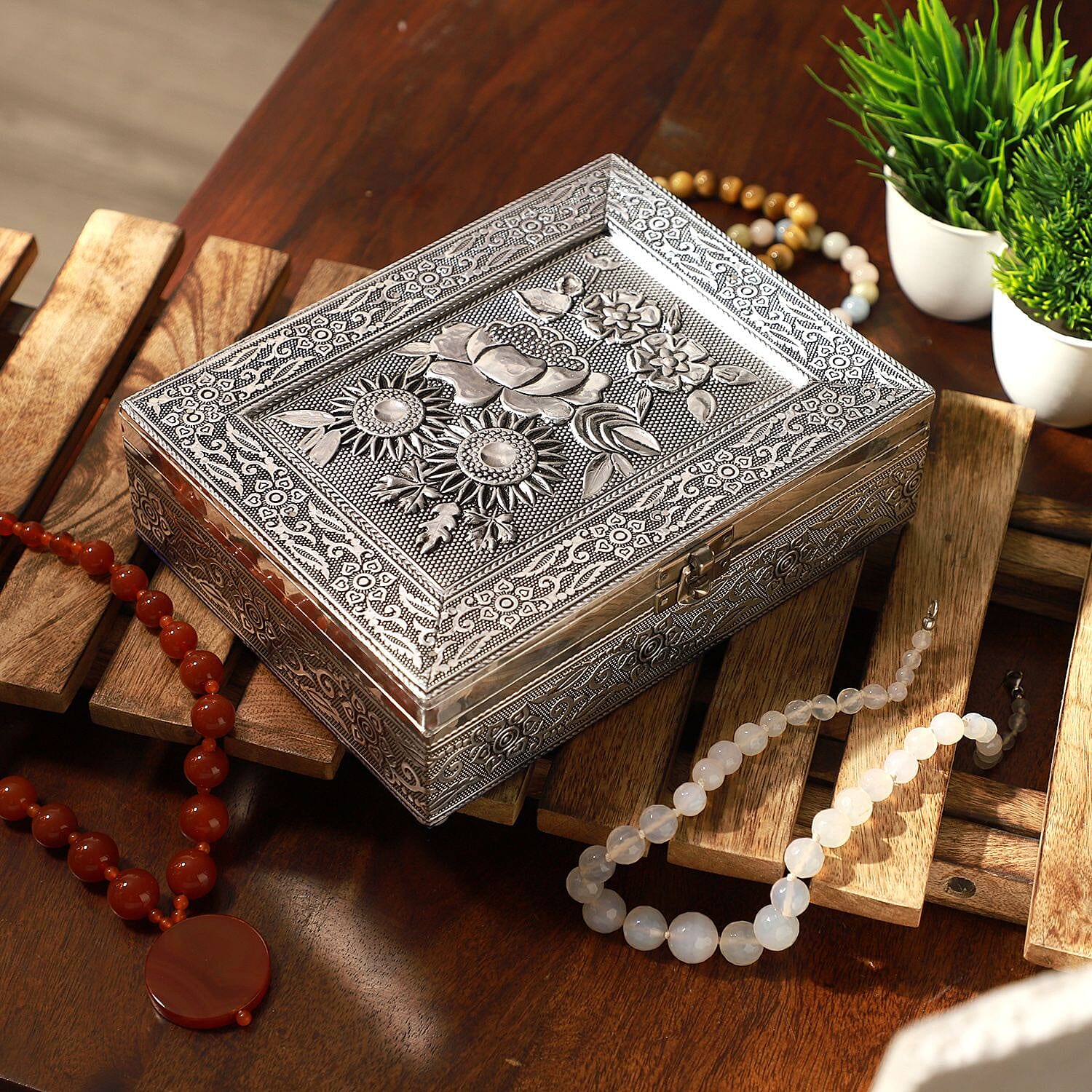 Handmade Flower Embossed Aluminium Storage Box (Size 21x16x6 cm)