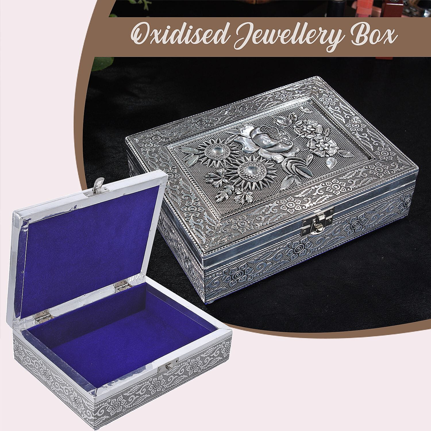 Handmade Flower Embossed Aluminium Storage Box (Size 21x16x6 cm)
