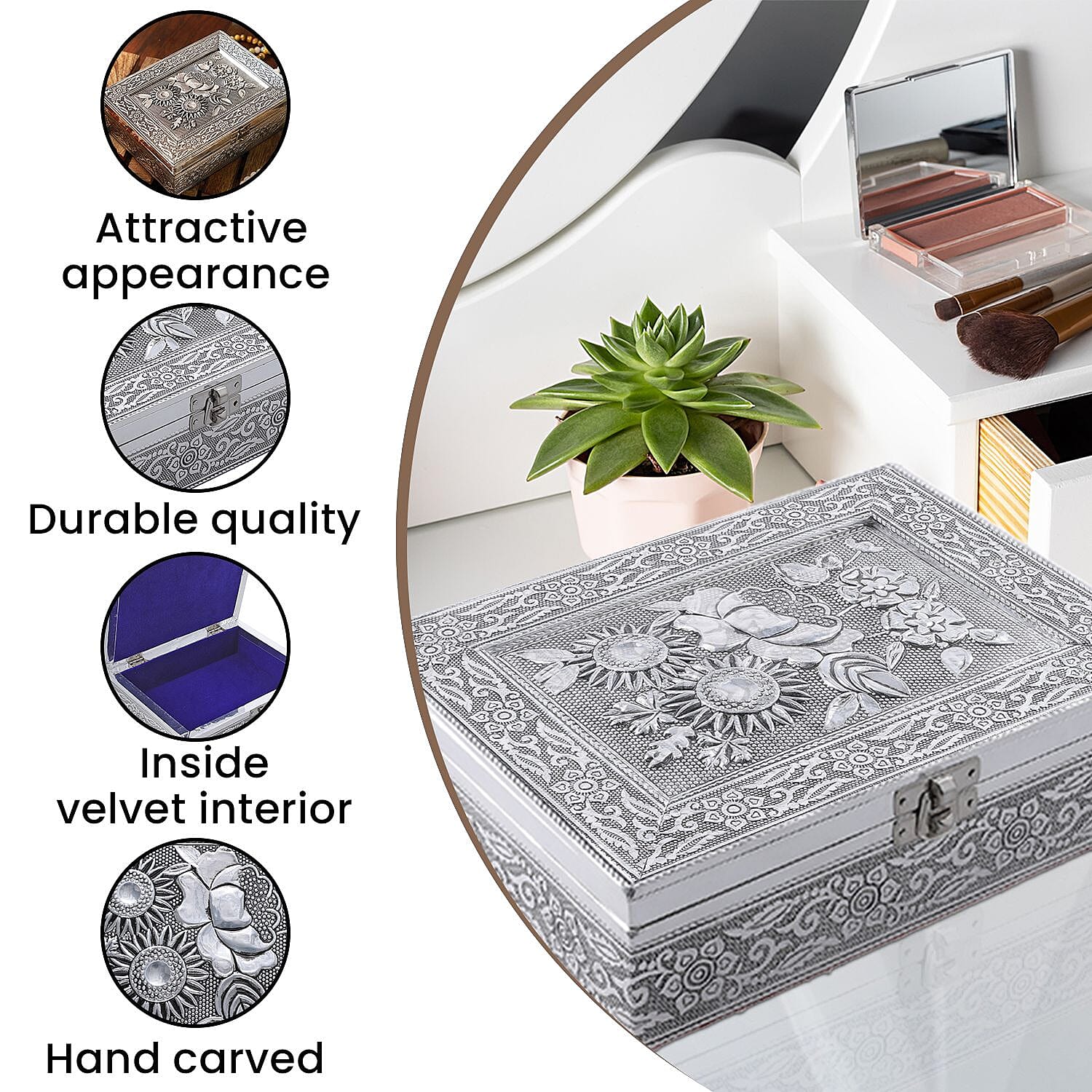 Handmade Flower Embossed Aluminium Storage Box (Size 21x16x6 cm)