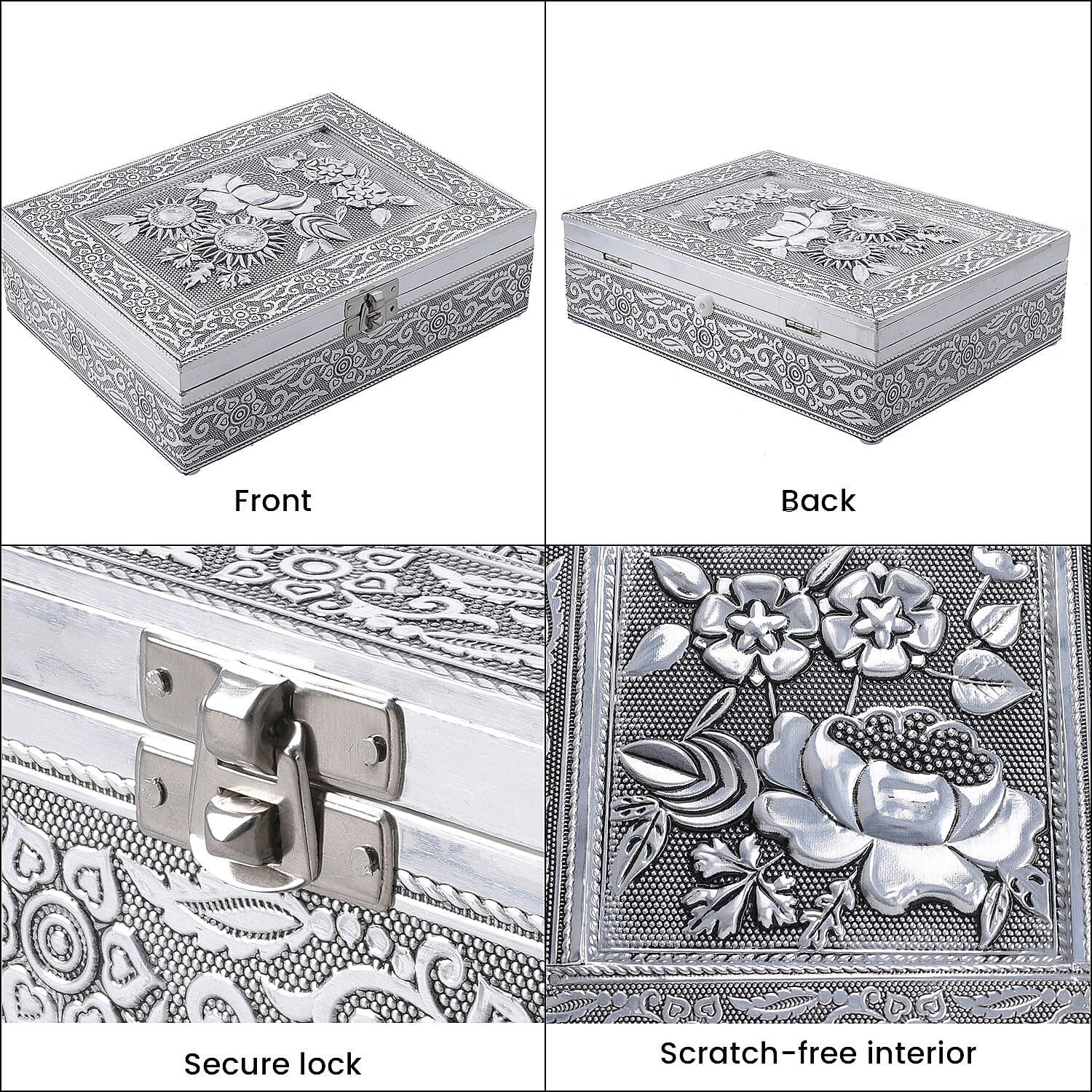Handmade Flower Embossed Aluminium Storage Box (Size 21x16x6 cm)