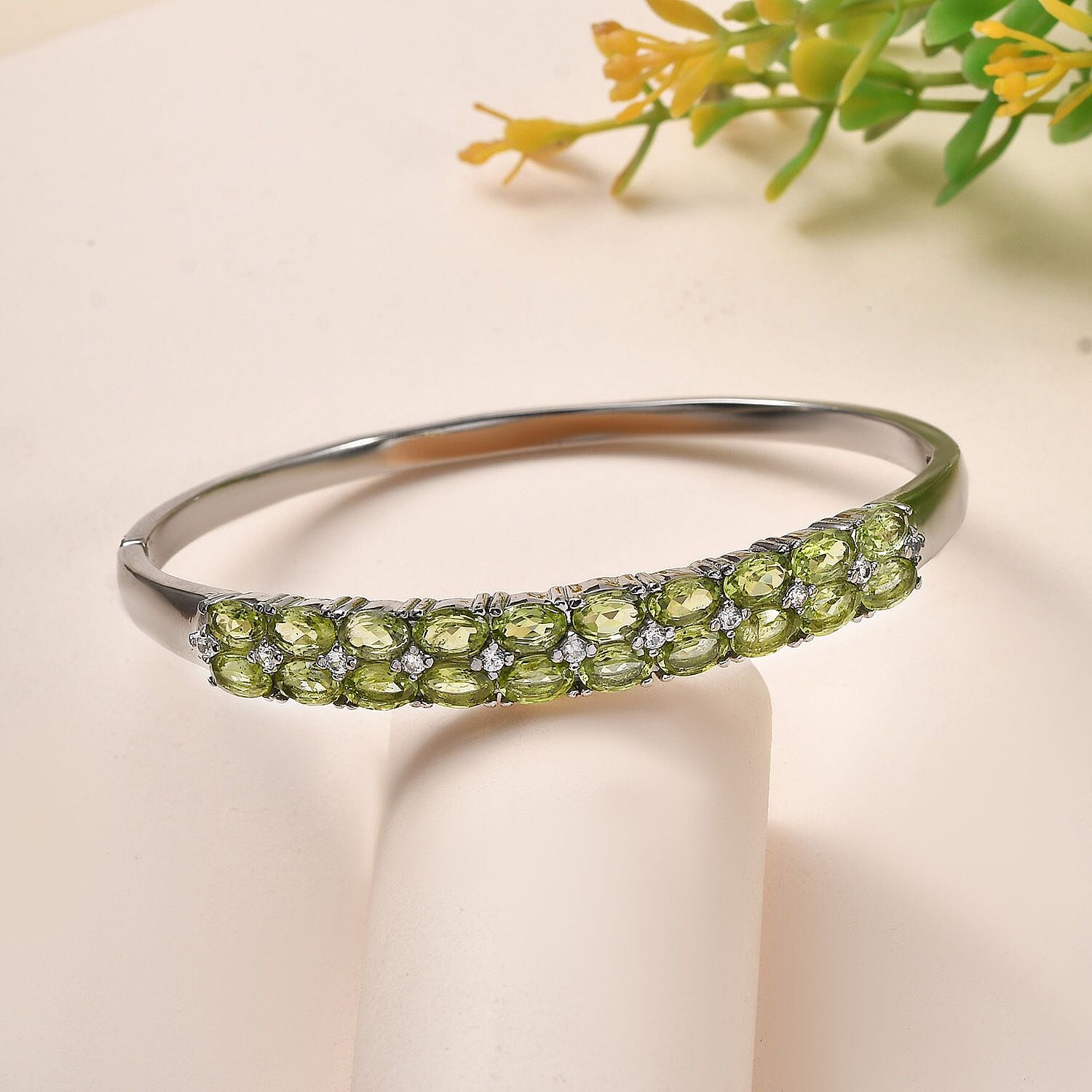 Natural Hebei Peridot and Natural Zircon Bangle (Size - 7.5) 10.75 Ct.
