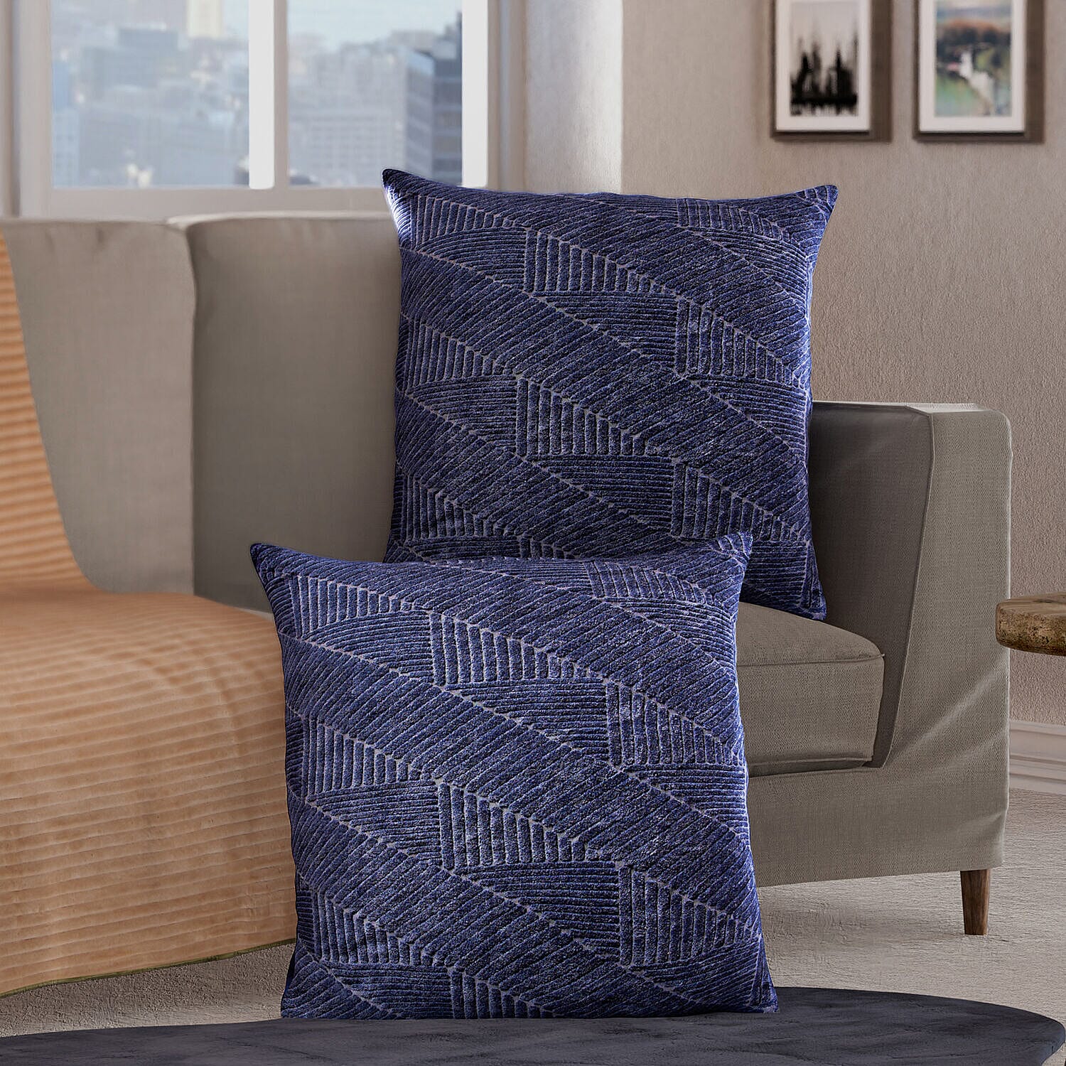 Set of 2 - Knitted Jacquard Textured Cotton Cuhsion Cover (Size 45) - Natural