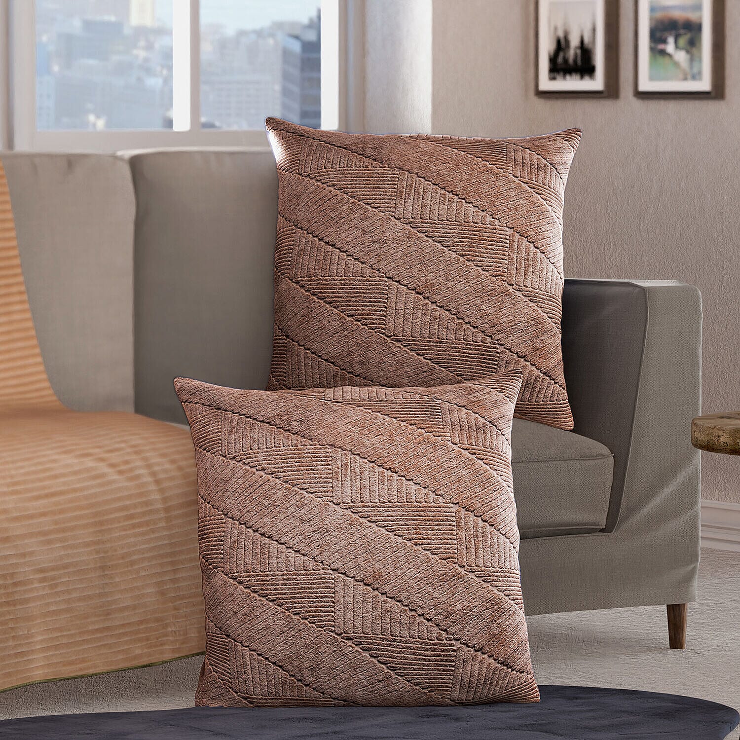 Set of 2 - 100% Cotton Knitted Jacquard Textured Cotton Cushion Cover (Size 45) - Natural