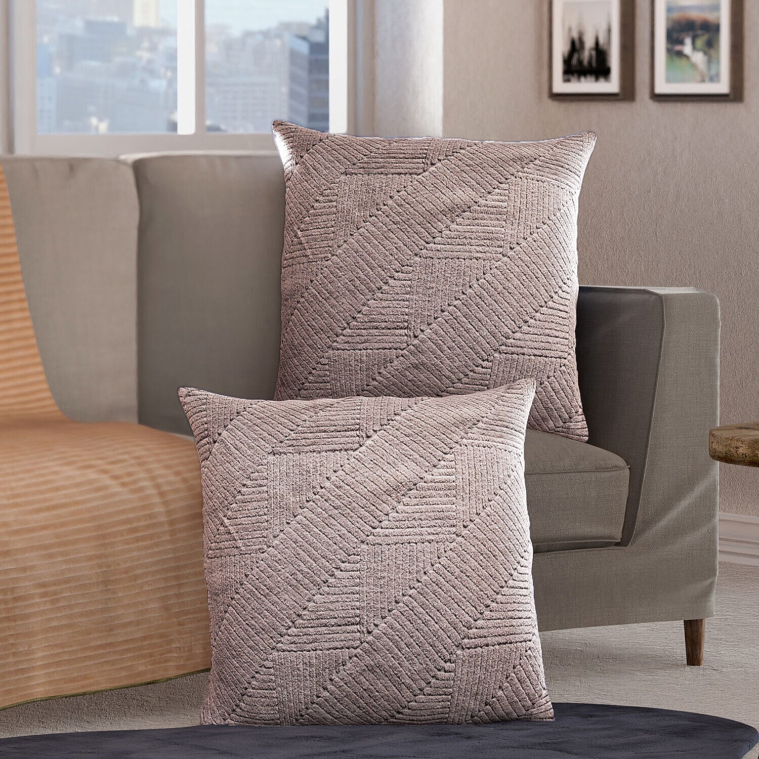 Set of 2 - 100% Cotton Knitted Jacquard Textured Cotton Cushion Cover (Size 45) - Silver