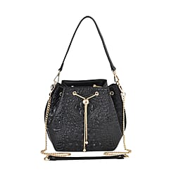 Genuine Leather Embossed Crossbody Bag with Half Chain and Half Leather Strap (Size 23x21x11 cm) - Black