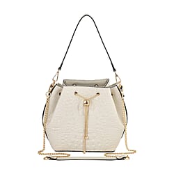 Genuine Leather Embossed Crossbody Bag with Half Chain and Half Leather Strap (Size 23x21x11 cm) - Black