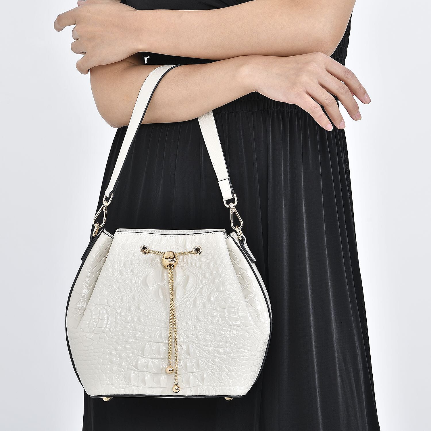 DESIGNER CLOSEOUT DOORBUSTER - Premium Genuine Leather Croc Embossed Handbag with Spiga Link and Toggle Closure, Hybrid Curb Chain and Leather Long Strap- White