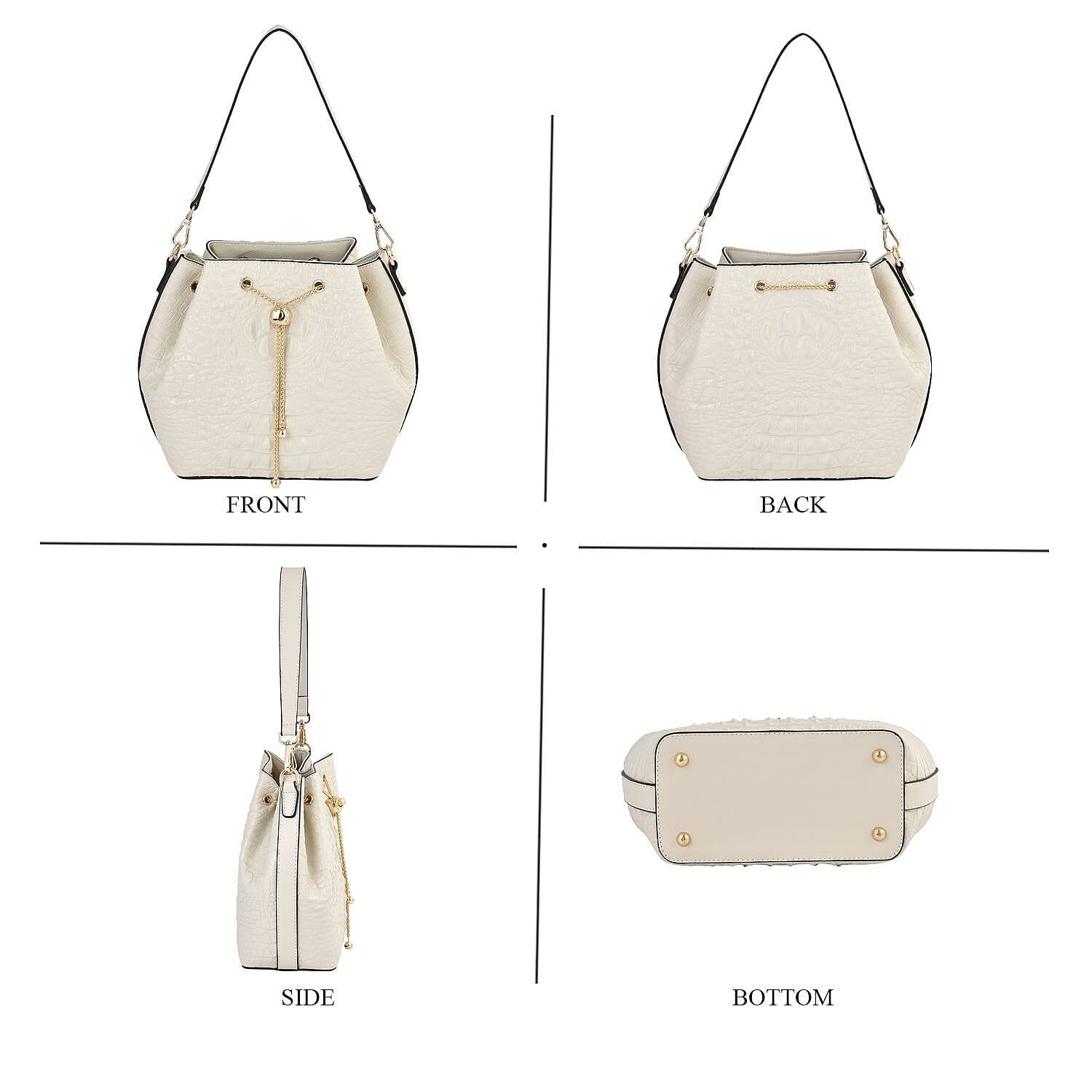 DESIGNER CLOSEOUT DOORBUSTER - Premium Genuine Leather Croc Embossed Handbag with Spiga Link and Toggle Closure, Hybrid Curb Chain and Leather Long Strap- White