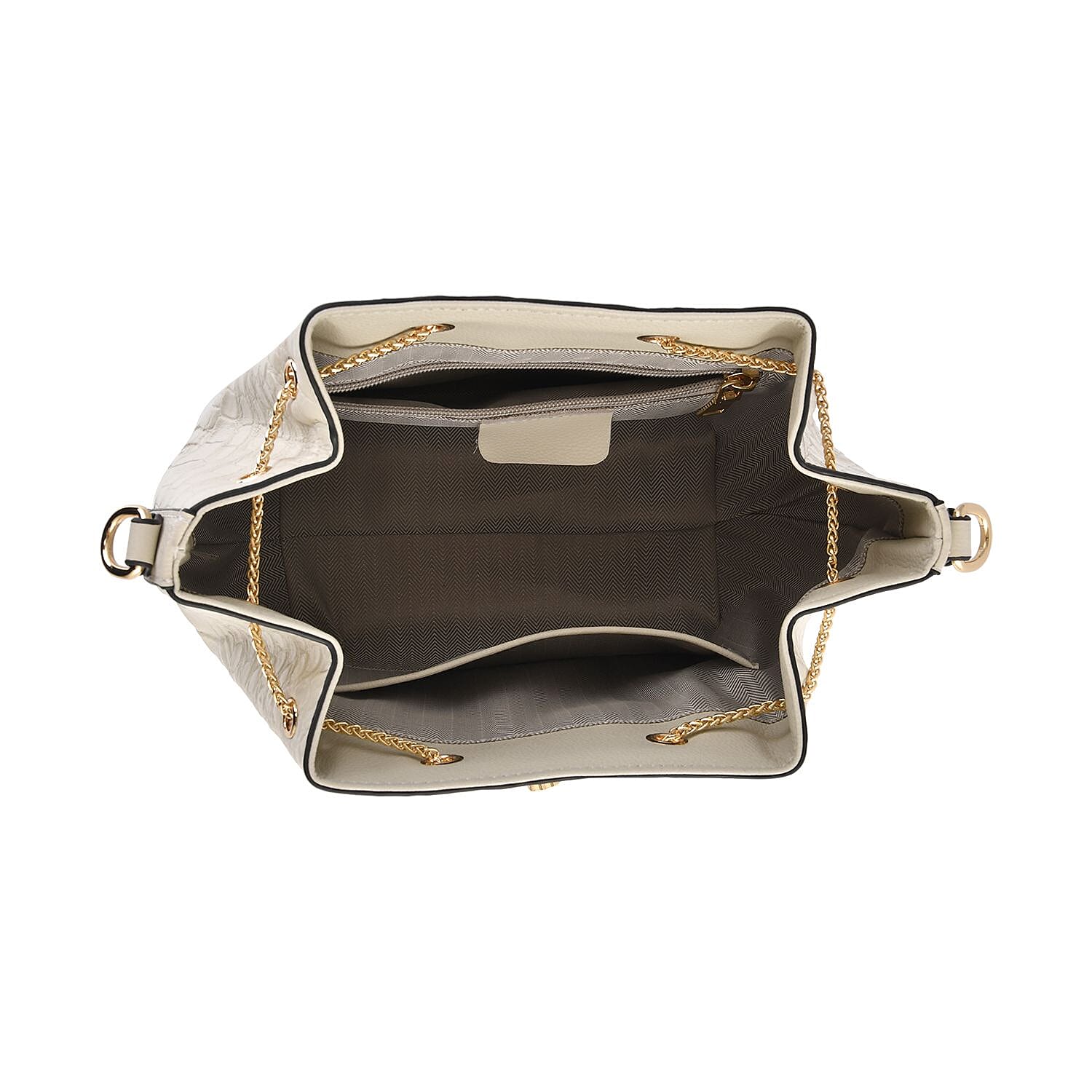 DESIGNER CLOSEOUT DOORBUSTER - Premium Genuine Leather Croc Embossed Handbag with Spiga Link and Toggle Closure, Hybrid Curb Chain and Leather Long Strap- White