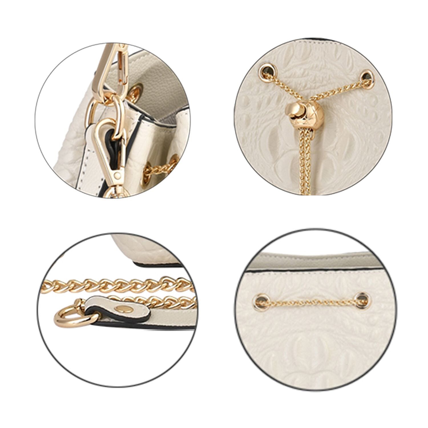 DESIGNER CLOSEOUT DOORBUSTER - Premium Genuine Leather Croc Embossed Handbag with Spiga Link and Toggle Closure, Hybrid Curb Chain and Leather Long Strap- White