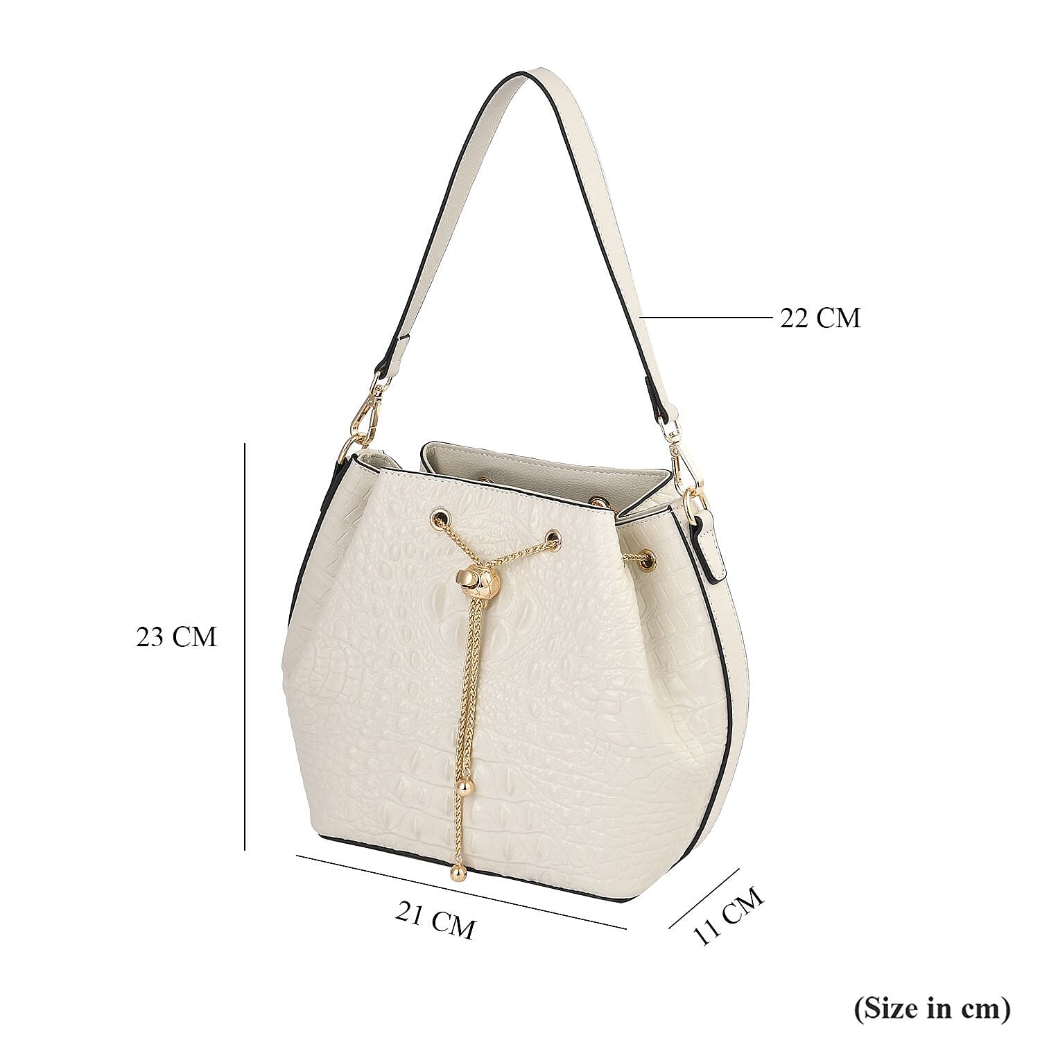 DESIGNER CLOSEOUT DOORBUSTER - Premium Genuine Leather Croc Embossed Handbag with Spiga Link and Toggle Closure, Hybrid Curb Chain and Leather Long Strap- White