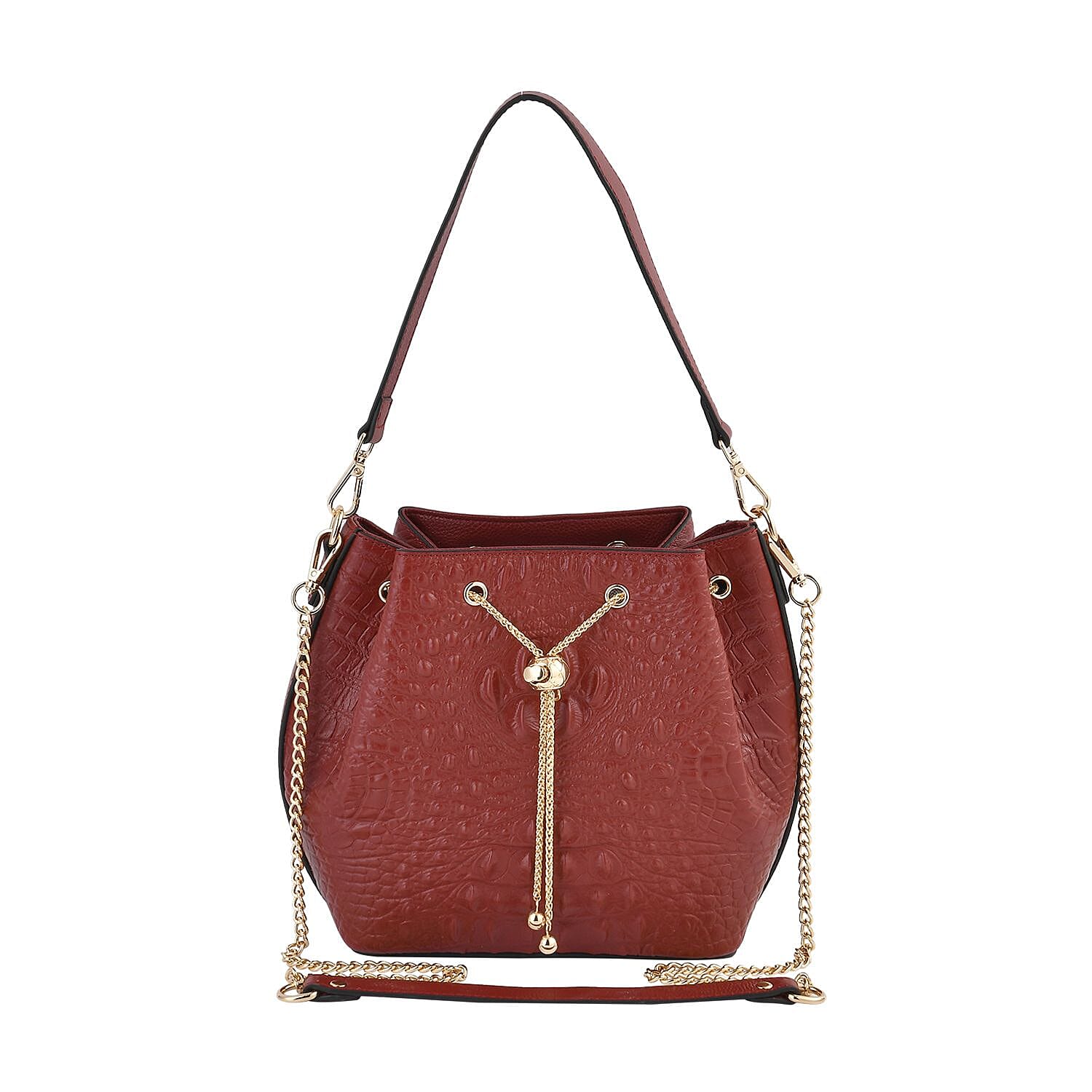 DESIGNER CLOSEOUT DOORBUSTER - Premium Genuine Leather Croc Embossed Handbag with Spiga Link and Toggle Closure, Hybrid Curb Chain and Leather Long Strap- OX Blood