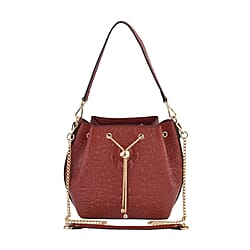 Genuine Leather Embossed Crossbody Bag with Half Chain and Half Leather Strap (Size 23x21x11 cm) - Black