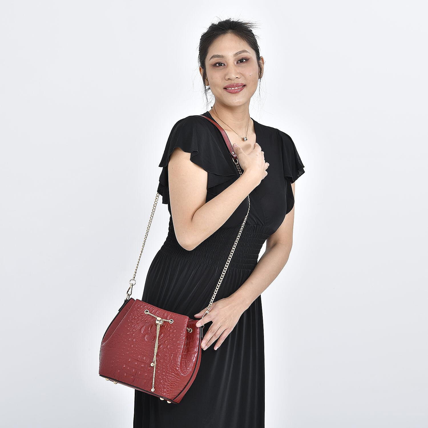 DESIGNER CLOSEOUT DOORBUSTER - Premium Genuine Leather Croc Embossed Handbag with Spiga Link and Toggle Closure, Hybrid Curb Chain and Leather Long Strap- OX Blood