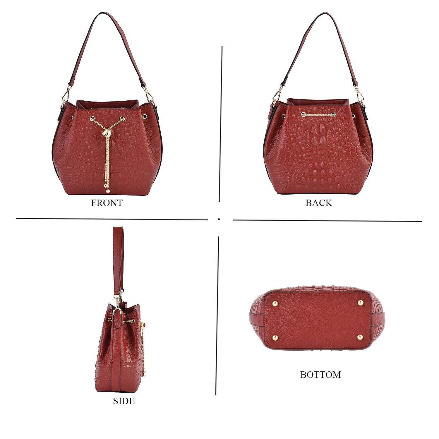 DESIGNER CLOSEOUT DOORBUSTER - Premium Genuine Leather Croc Embossed Handbag with Spiga Link and Toggle Closure, Hybrid Curb Chain and Leather Long Strap- OX Blood