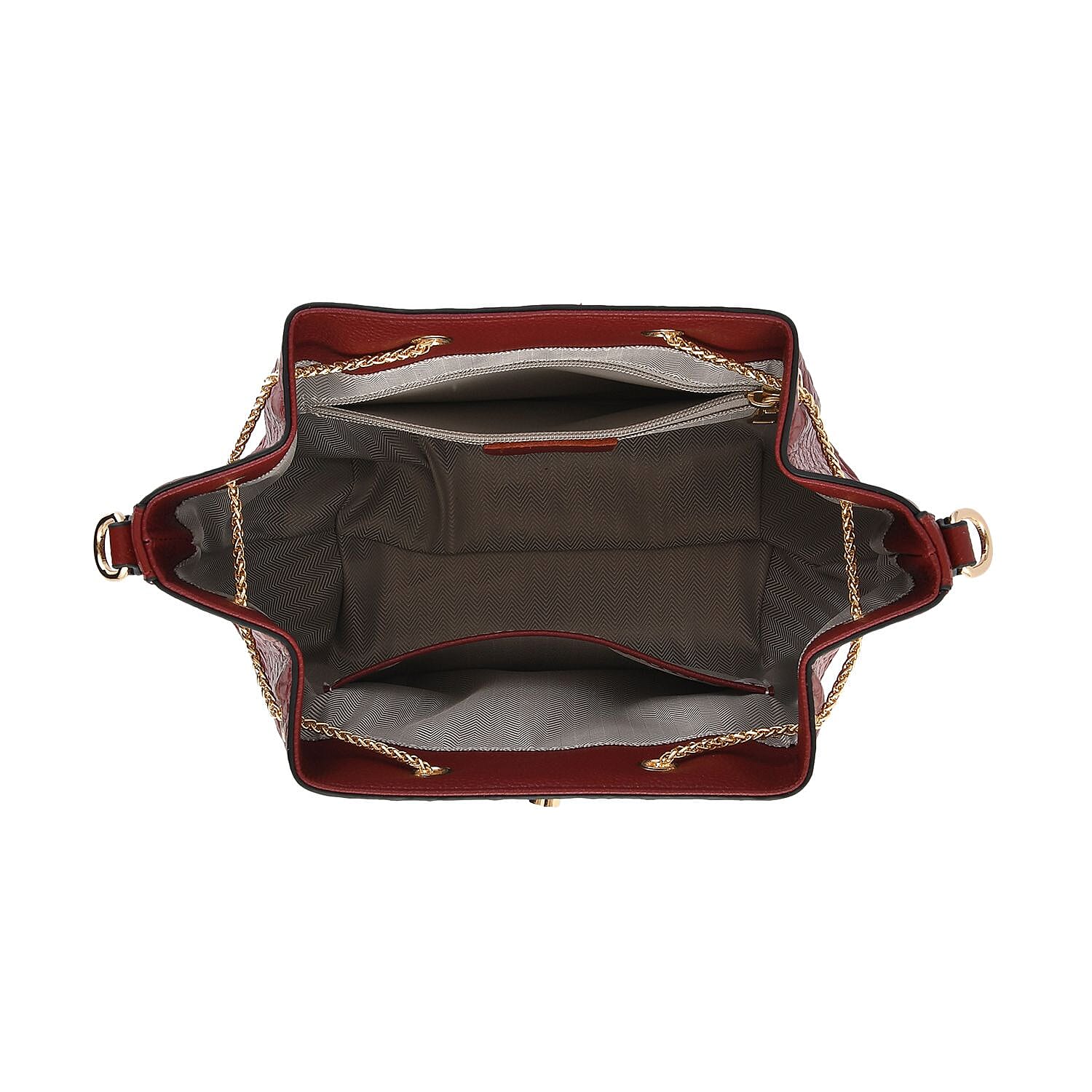 DESIGNER CLOSEOUT DOORBUSTER - Premium Genuine Leather Croc Embossed Handbag with Spiga Link and Toggle Closure, Hybrid Curb Chain and Leather Long Strap- OX Blood