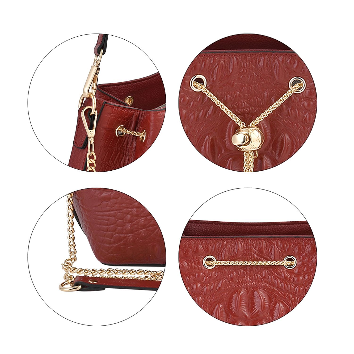 DESIGNER CLOSEOUT DOORBUSTER - Premium Genuine Leather Croc Embossed Handbag with Spiga Link and Toggle Closure, Hybrid Curb Chain and Leather Long Strap- OX Blood