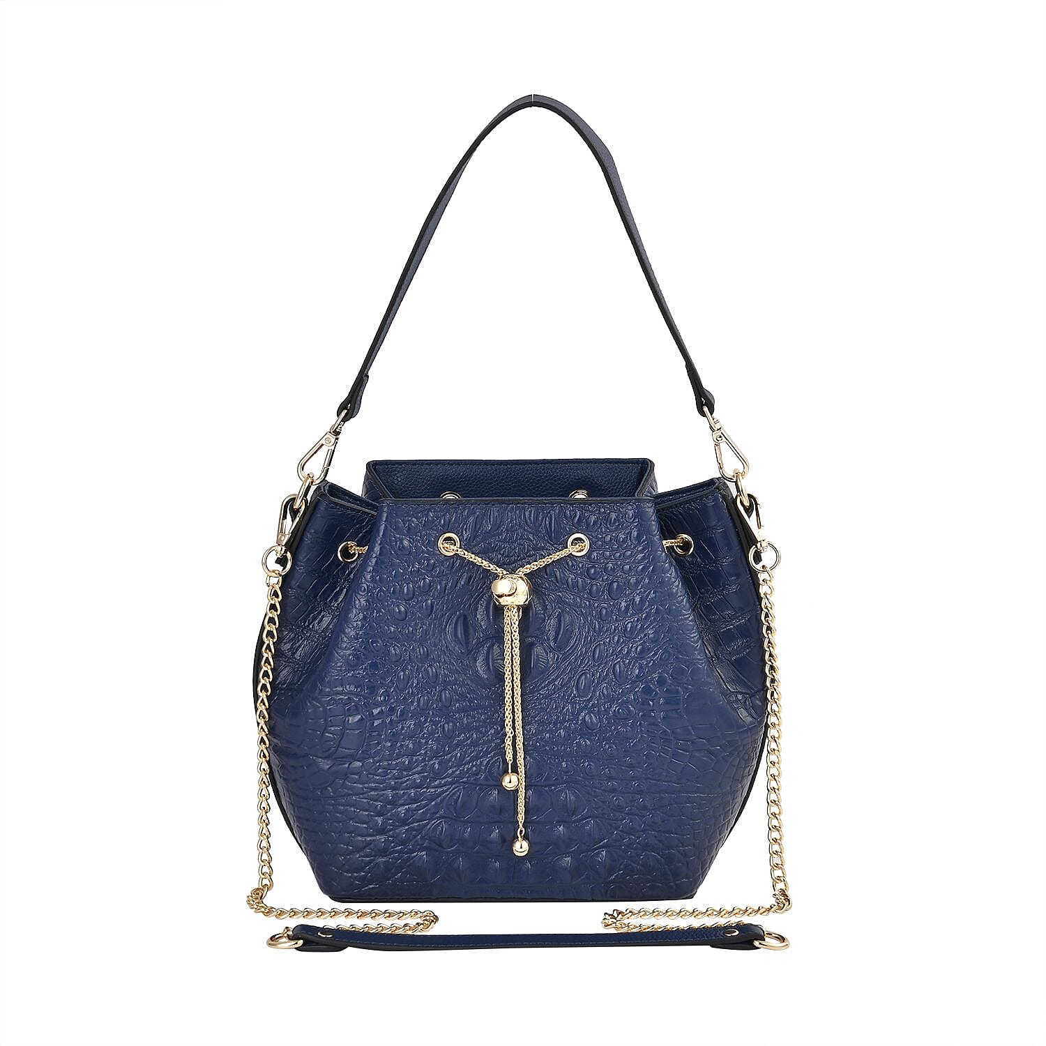 DESIGNER CLOSEOUT DOORBUSTER - Premium Genuine Leather Croc Embossed Handbag with Spiga Link and Toggle Closure, Hybrid Curb Chain and Leather Long Strap- Royal Blue