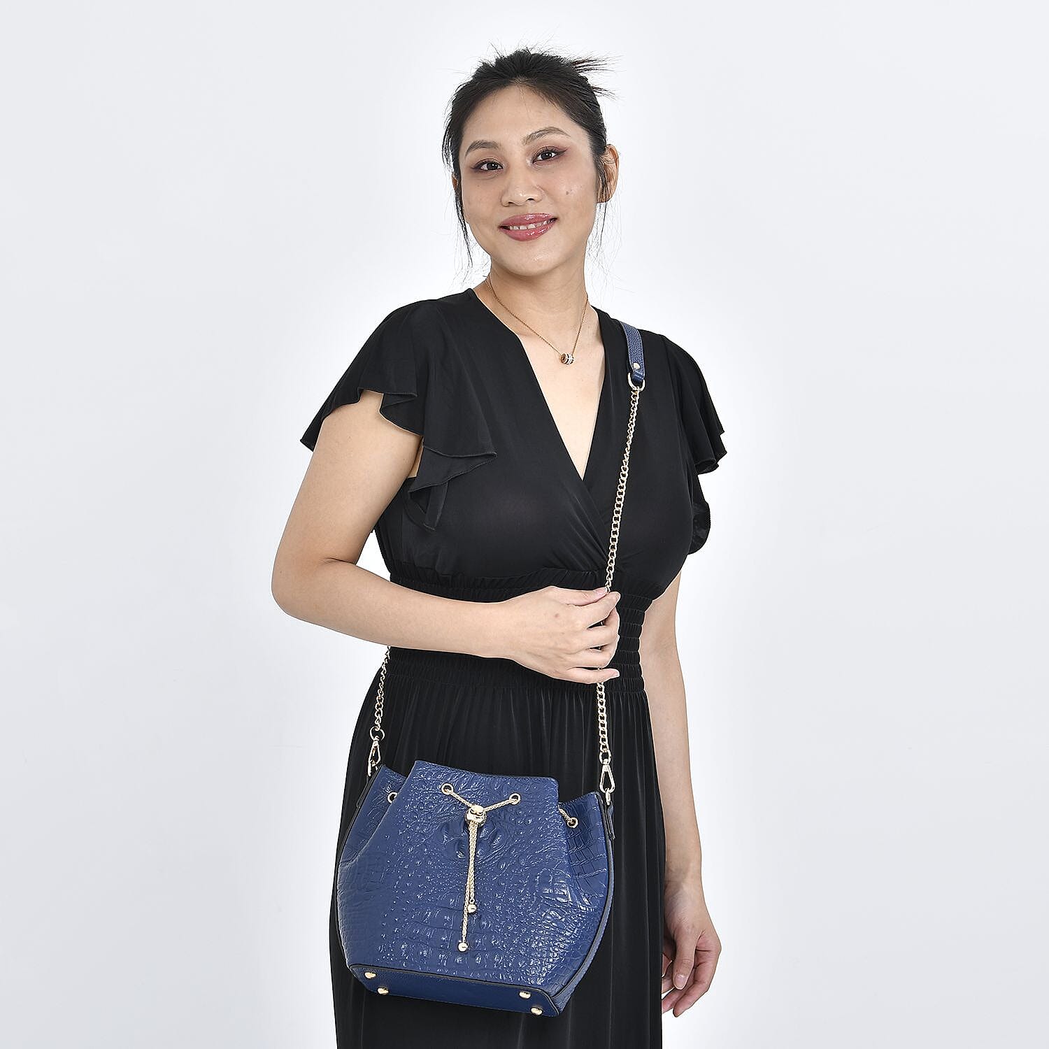 DESIGNER CLOSEOUT DOORBUSTER - Premium Genuine Leather Croc Embossed Handbag with Spiga Link and Toggle Closure, Hybrid Curb Chain and Leather Long Strap- Royal Blue