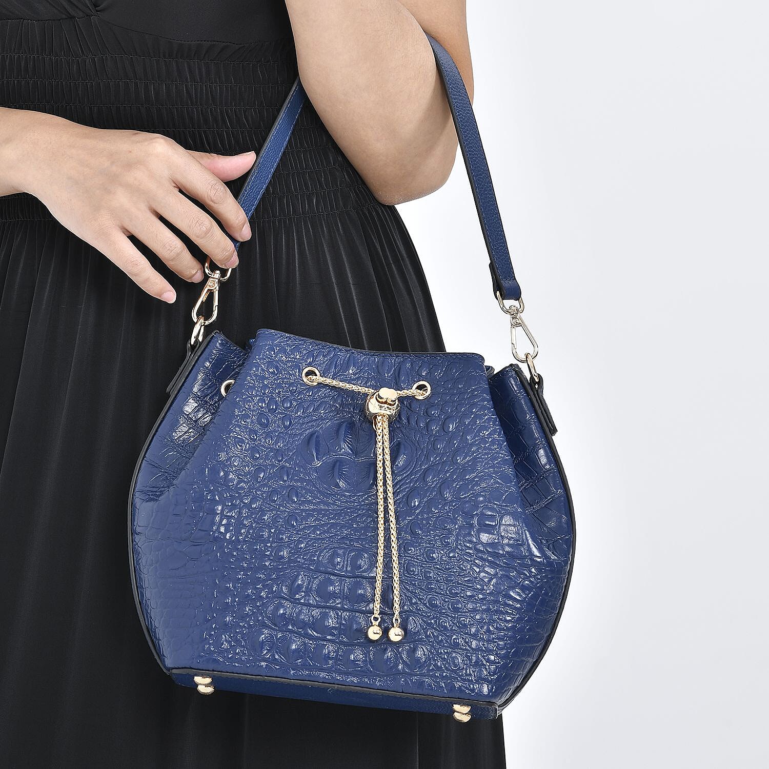 DESIGNER CLOSEOUT DOORBUSTER - Premium Genuine Leather Croc Embossed Handbag with Spiga Link and Toggle Closure, Hybrid Curb Chain and Leather Long Strap- Royal Blue