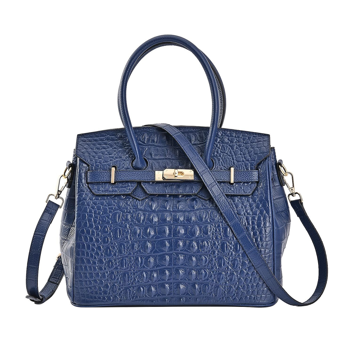 DESIGNER CLOSEOUT - Luxury Crocodile Embossed Genuine Leather Handbag with Detachable Long Strap - Royal Blue