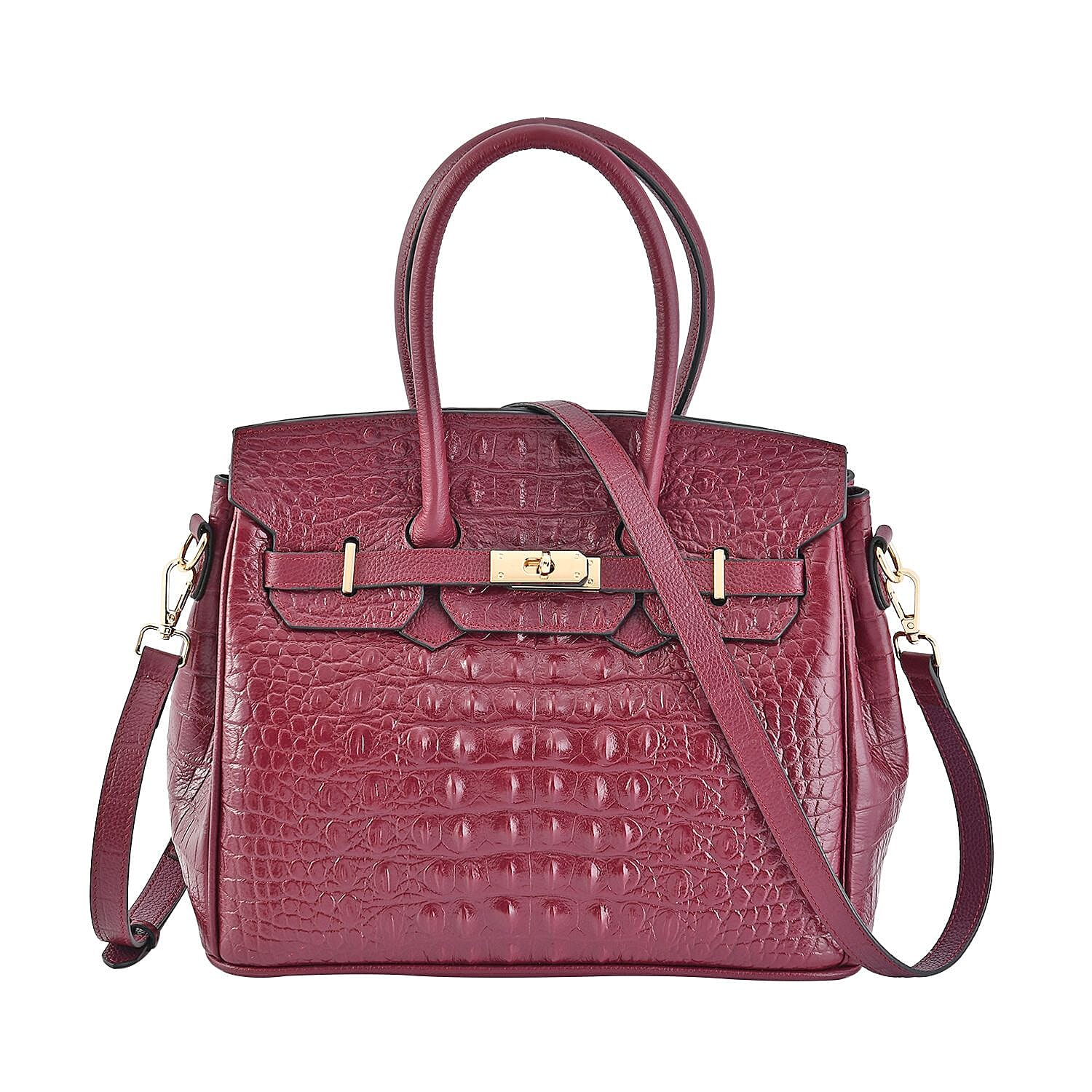 DESIGNER CLOSEOUT - Luxury Crocodile Embossed Genuine Leather Handbag with Detachable Long Strap - Ox Blood